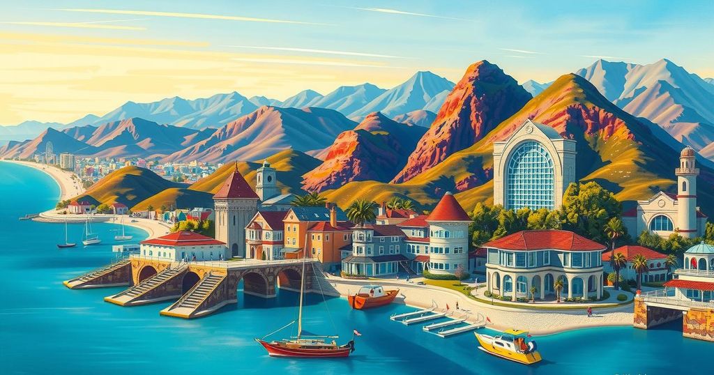 A vibrant landscape of California's varied terrains featuring the iconic coastline, mountains, and urban skylines.