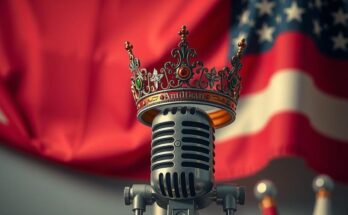 A symbolic representation of political ambitions featuring a crown, a vintage microphone, and an American flag backdrop.