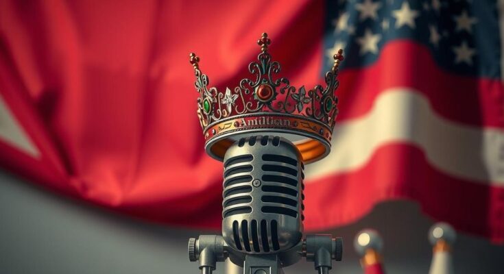 A symbolic representation of political ambitions featuring a crown, a vintage microphone, and an American flag backdrop.